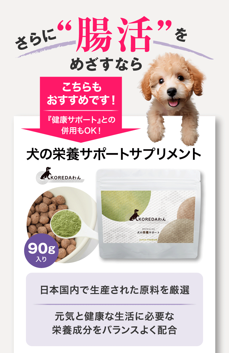 さらに“腸活”をめざすなら「KOREDAわん」犬の栄養サポートサプリメント
